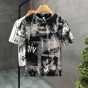 帅气新款复古印花短袖恤男上衣潮流半袖男士韩版修身圆领体恤衫