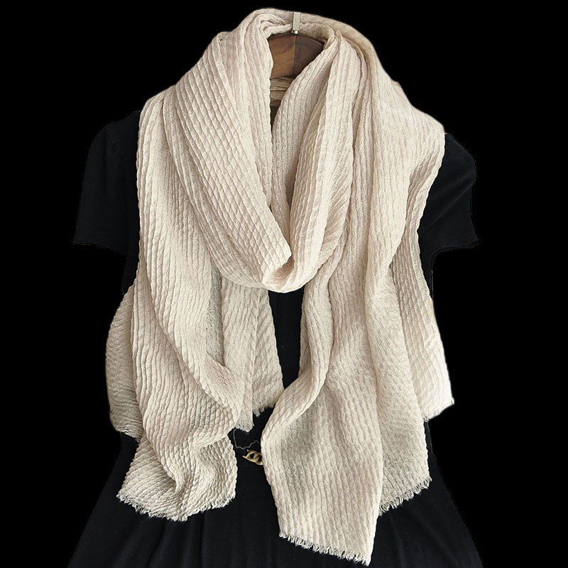 柔软素色波浪纹棉麻围巾女秋冬薄款文艺范复古围脖丝巾披肩纯色