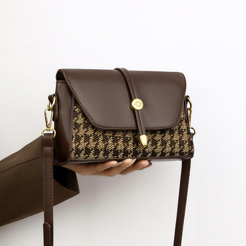 时尚百搭新款女包帆布拼接皮小方包感千鸟格腋下包单肩斜挎包背包