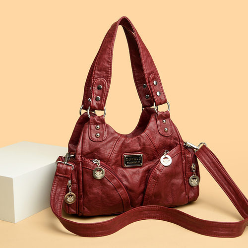 跨境女包亚马逊机车包时尚纯色女士软面单肩手提包水洗皮妈妈