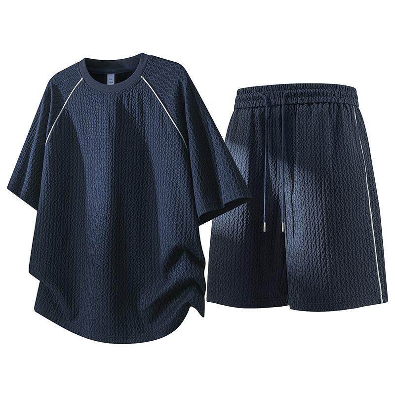 菱形格运动短袖T恤衫套装男款夏季薄款速干两件套短裤五分裤上衣