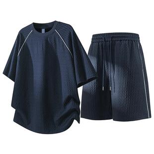 菱形格运动短袖T恤衫套装男款夏季薄款速干两件套短裤五分裤上衣