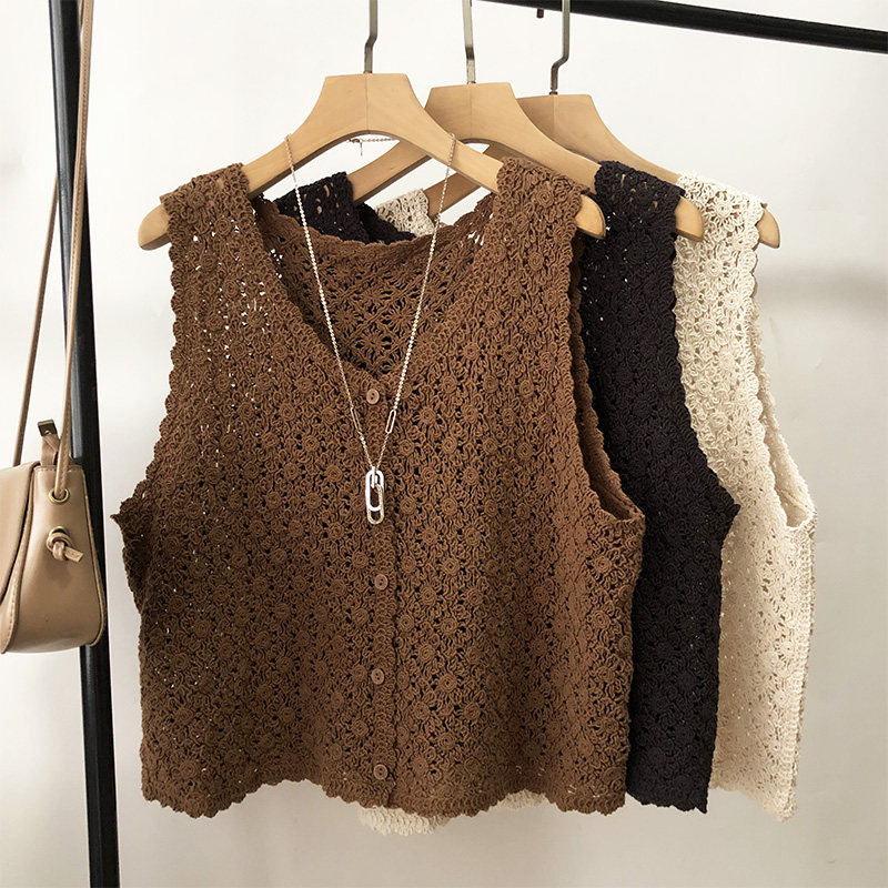2026春夏短款镂空钩花针织马甲棉线背心女外穿无袖开衫坎肩小外套