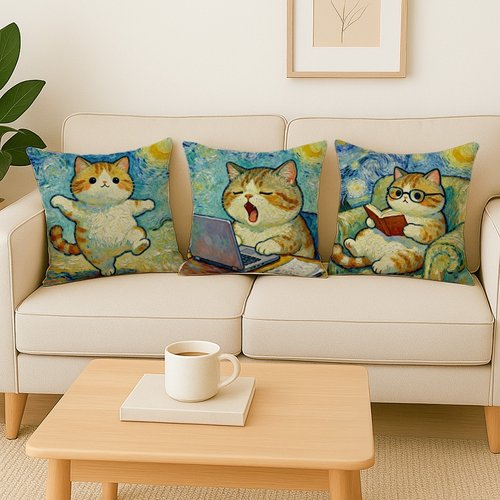 可爱创意油画风猫咪沙发抱枕靠垫