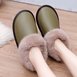 纯牛皮真皮家居皮拖鞋男女冬季家用防滑棉拖鞋室内外包跟情侣棉鞋