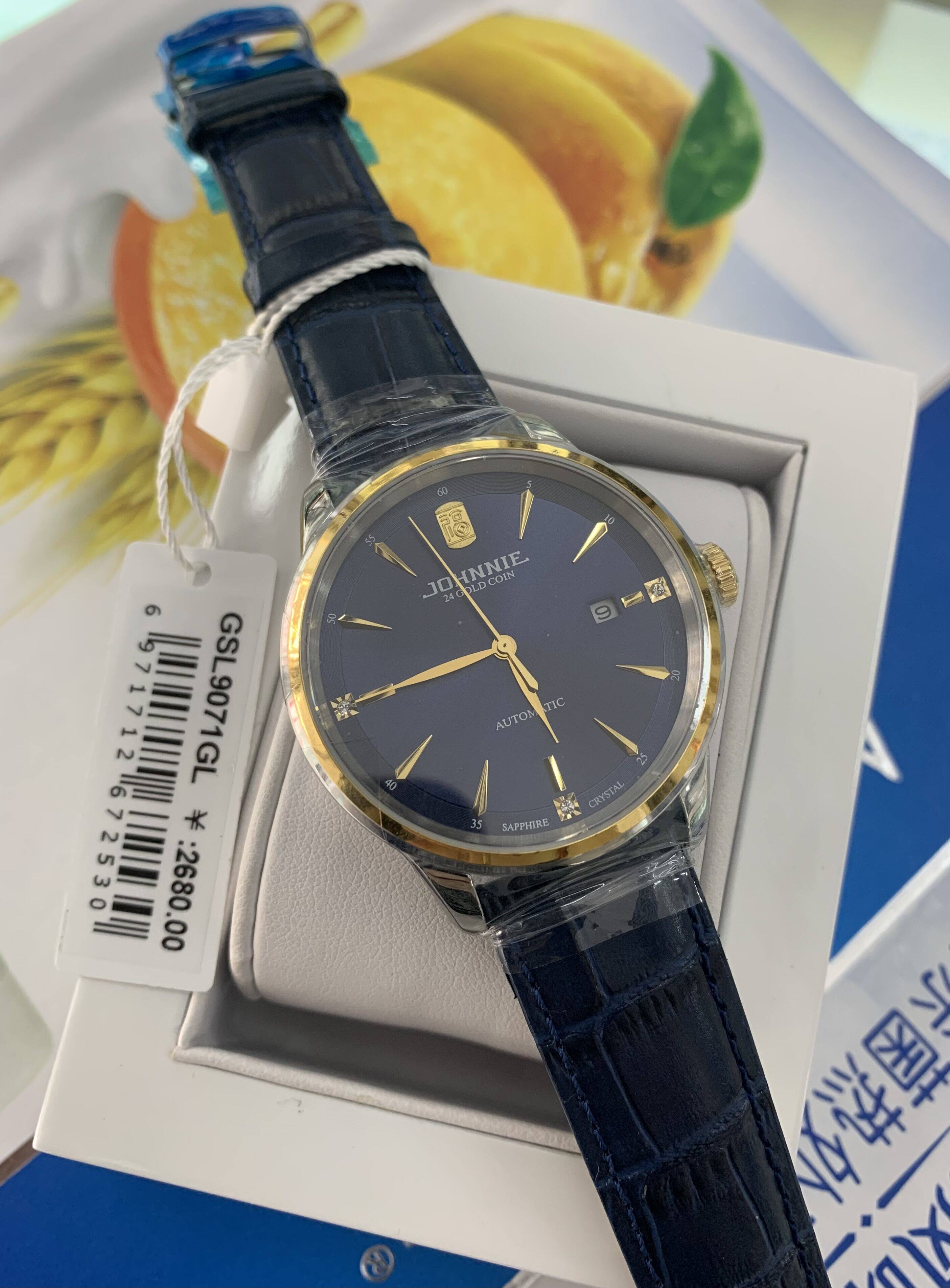 johnnte尊尼手表9071g真皮机械男表防水休闲时尚