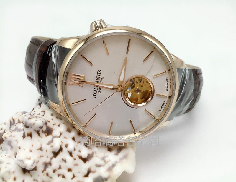 johnniee尊尼手表机械男表9057g防水商务镂空真皮全自动腕表