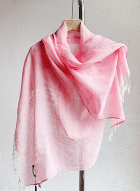 棉麻混纺气质红色亚麻围巾质朴红白色织夏季防晒披肩893