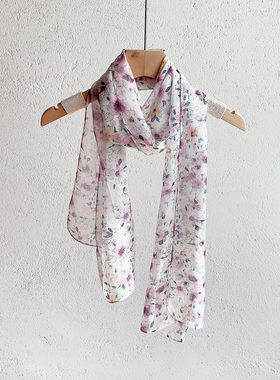 清新淡雅淡紫色小碎花丝巾四季通用款仿真丝雪纺纱围巾飘带F003