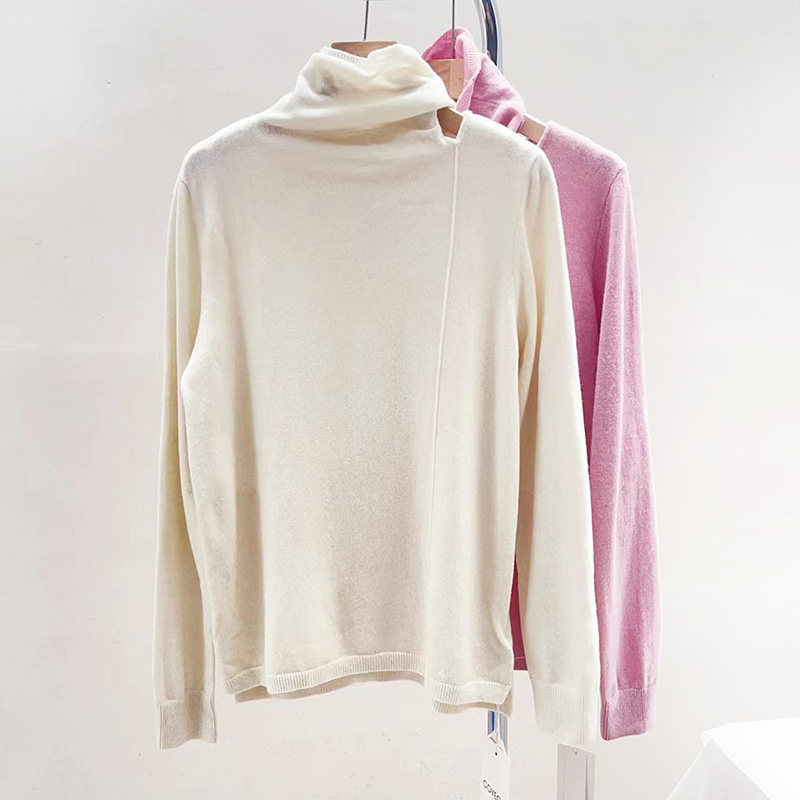 样衣 白色暗粉色高领毛衣围脖款羊毛衫休闲宽松针织衫0910