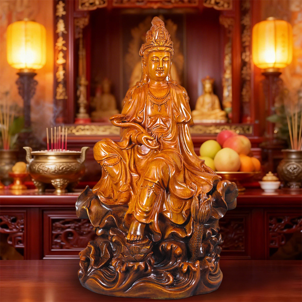 印尼色自在观音菩萨摆件家用佛堂供奉柳枝观音坐莲花玉净瓶观世音