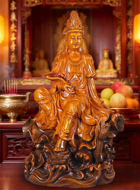 印尼色自在观音菩萨摆件家用佛堂供奉柳枝观音坐莲花玉净瓶观世音
