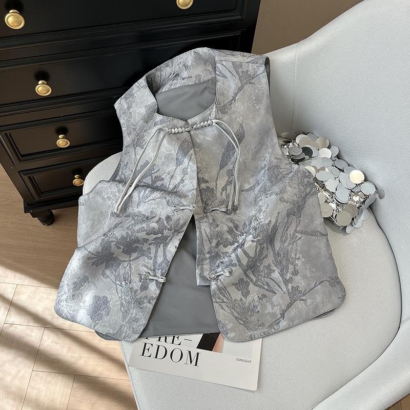 高定新中式国风马甲背心女款夏季新款复古圆领盘扣提花无袖背心女,女装/女士精品,马夹,淘宝优惠券,粉丝福利购,淘宝优惠卷