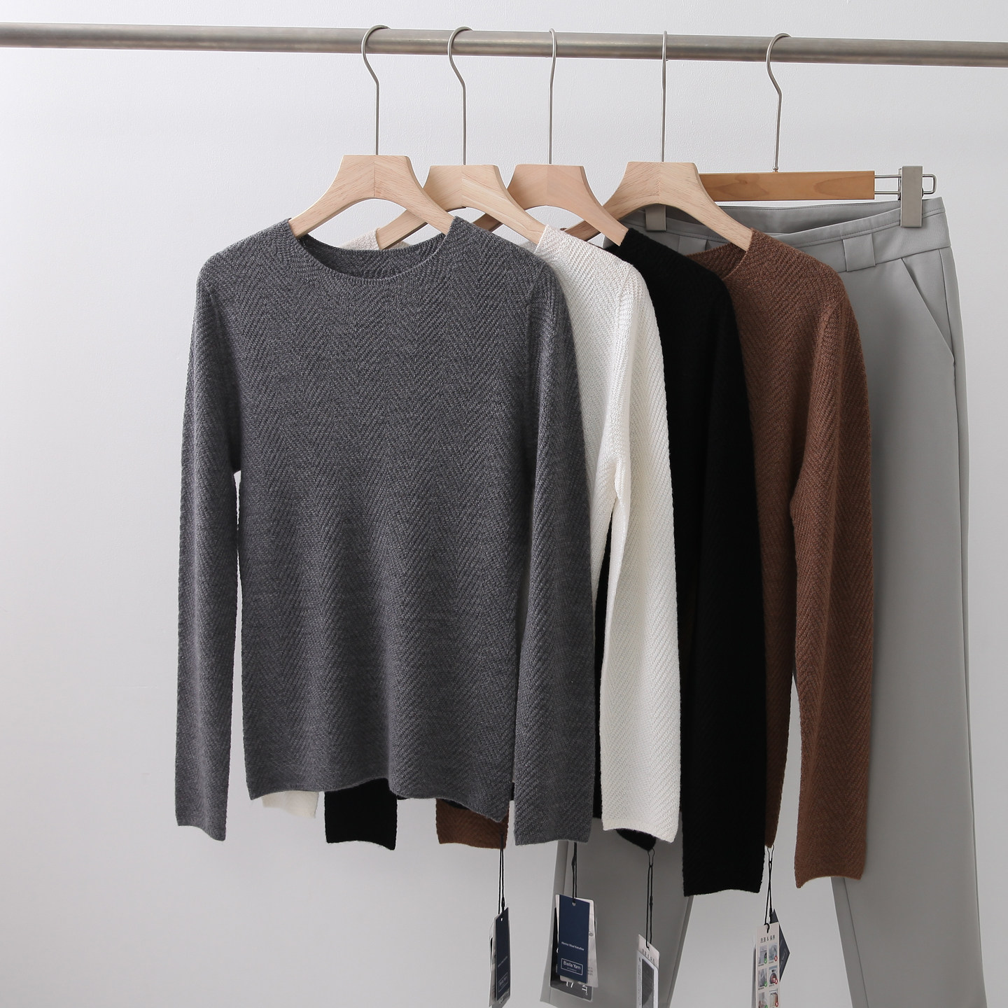 扬子纱100羊毛 肌理鱼骨纹半高领长袖针织套头毛衣女春秋新款