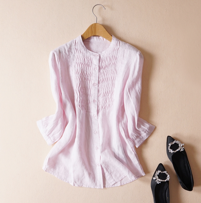 适合当下季节胸前风琴百褶设计纯色七分袖亚麻上衣衬衫女2025春夏