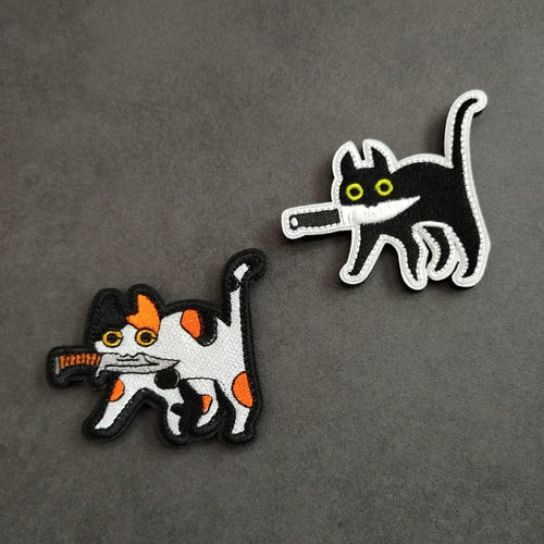 叼刀小猫魔术贴章猫咪图案布贴
