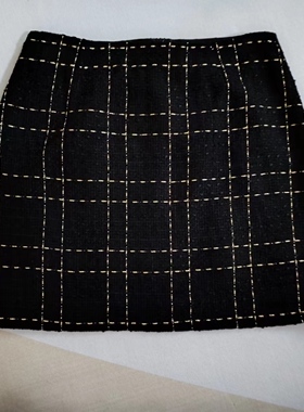 DRESS STORE 外贸秋冬a字黑色金色粗花呢格子通勤打底显瘦复古短