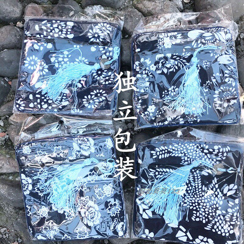 机印蓝印花布零钱包 复古铜扣拉链创意小卡包全棉 乌镇旅游纪念品