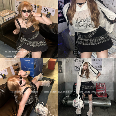 硬糖大码原创y2k暗黑不规则连衣裙胖mm200斤兔耳朵印花长袖罩衫