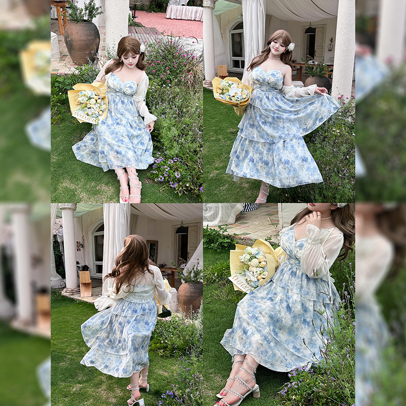 HardCandy硬糖大码原创蓝色吊带裙开衫套装