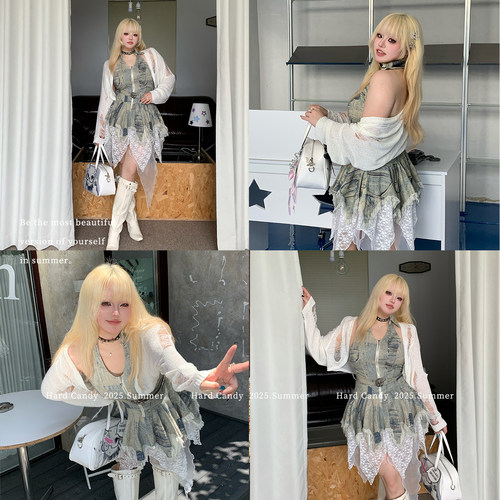 硬糖大码原创y2k辣妹不规则挂脖牛仔连衣裙女开衫胖mm修身显瘦裙