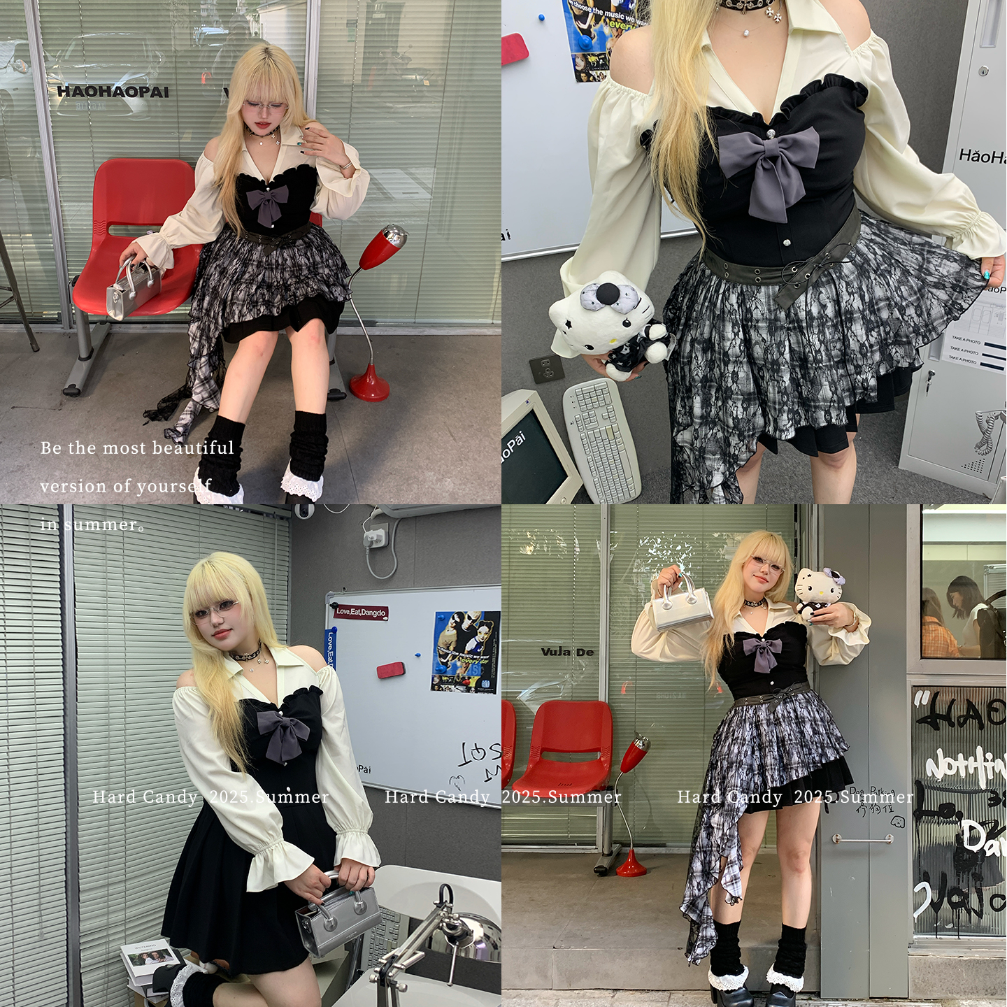 硬糖大码原创美式复古露肩设计感格纹不规则连衣裙辣妹胖mm短裙