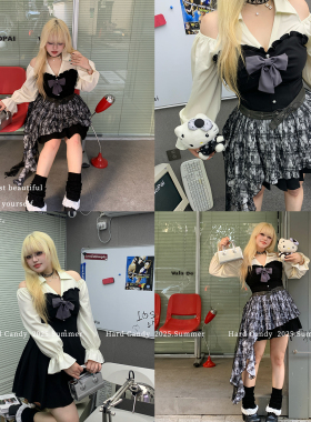 硬糖大码原创美式复古露肩设计感格纹不规则连衣裙辣妹胖mm短裙