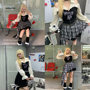 硬糖大码 复古露肩设计感格纹不规则连衣裙辣妹胖mm短裙 原创美式