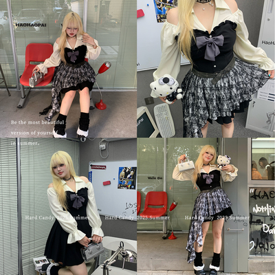 硬糖大码原创美式复古露肩设计感格纹不规则连衣裙辣妹胖mm短裙