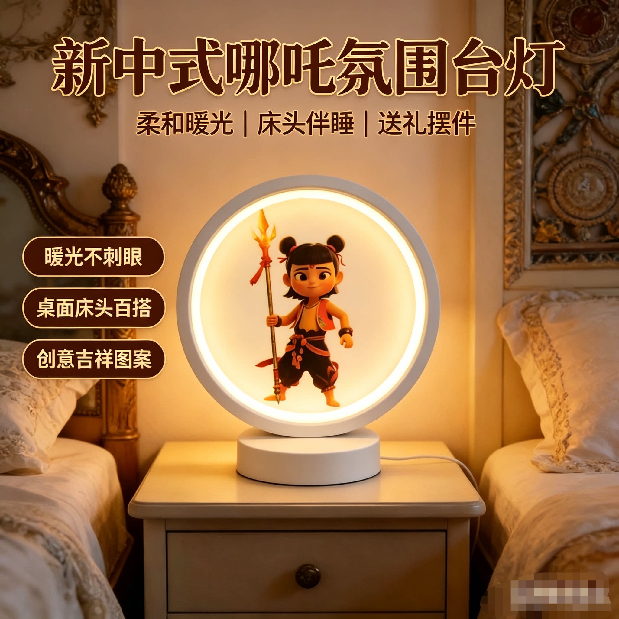 哪吒卡通台灯儿童房床头灯男孩女孩卧室小夜灯LED护眼氛围灯礼物