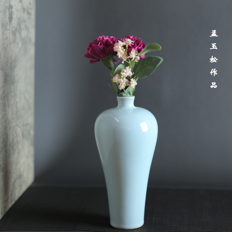 玉松汝瓷孟玉松大师作品天青釉梅瓶花瓶摆件收藏品汝窑原产地汝州