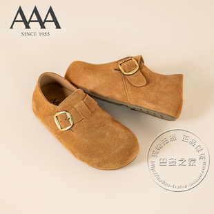 AAA女鞋牛剖皮绒面革磨砂皮皮带扣圆头厚底勃肯鞋懒人深口单鞋