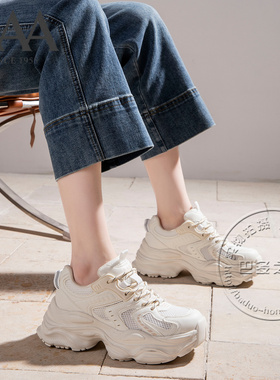 AAA女鞋合成革拼接网布面中跟厚底老爹鞋系带深口休闲增高单鞋