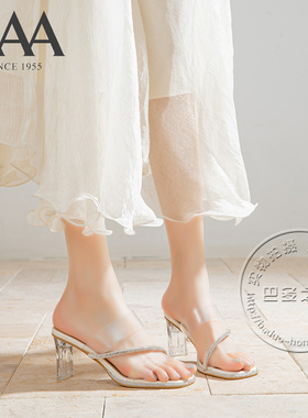AAA女鞋PVC透明双带一字带水钻细斜带装饰粗高跟透明水晶跟凉拖鞋