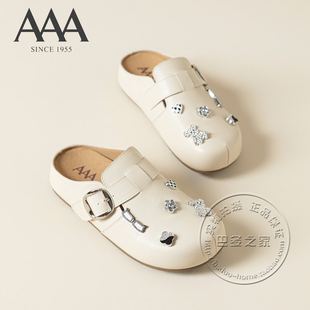 AAA女鞋合成革水钻装饰卡扣平底厚底皮带扣勃肯风穆勒鞋包头拖鞋
