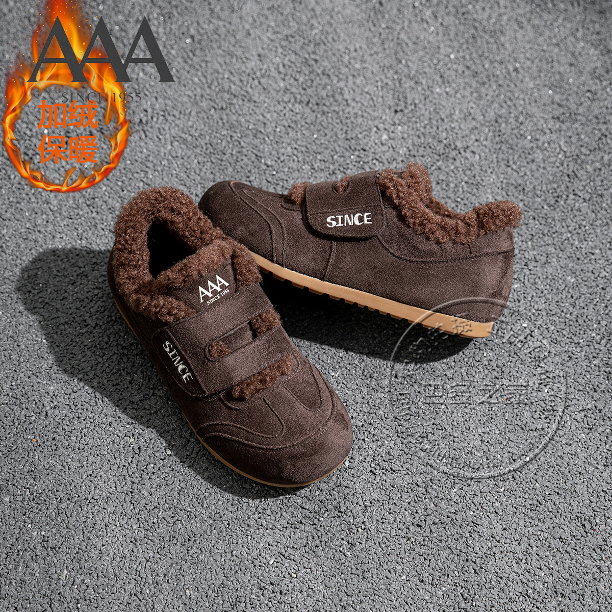 AAA女鞋织物泰迪毛毛装饰边德训风魔术贴内增高绒里深口二棉鞋