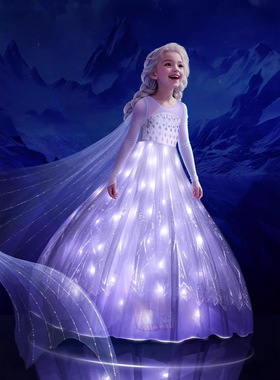 女童发光艾莎公主裙长袖网纱蓬蓬礼服裙灯带爱莎表演服舞台演出裙