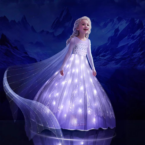 女童发光艾莎公主裙长袖网纱礼服