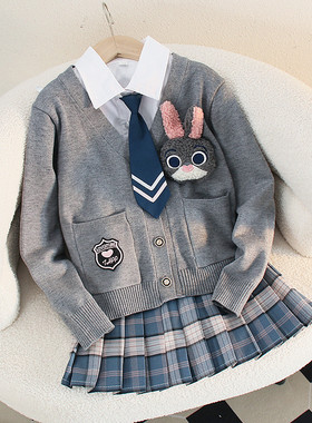 秋冬女童jk制服小学生学院风校服格子百褶裙针织开衫套裙朱迪警官