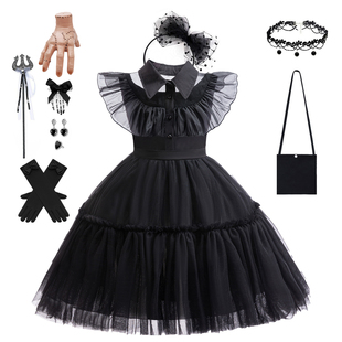 女童cosplay亚当斯一家星期三连衣裙黑色网纱裙六一角色扮演服装