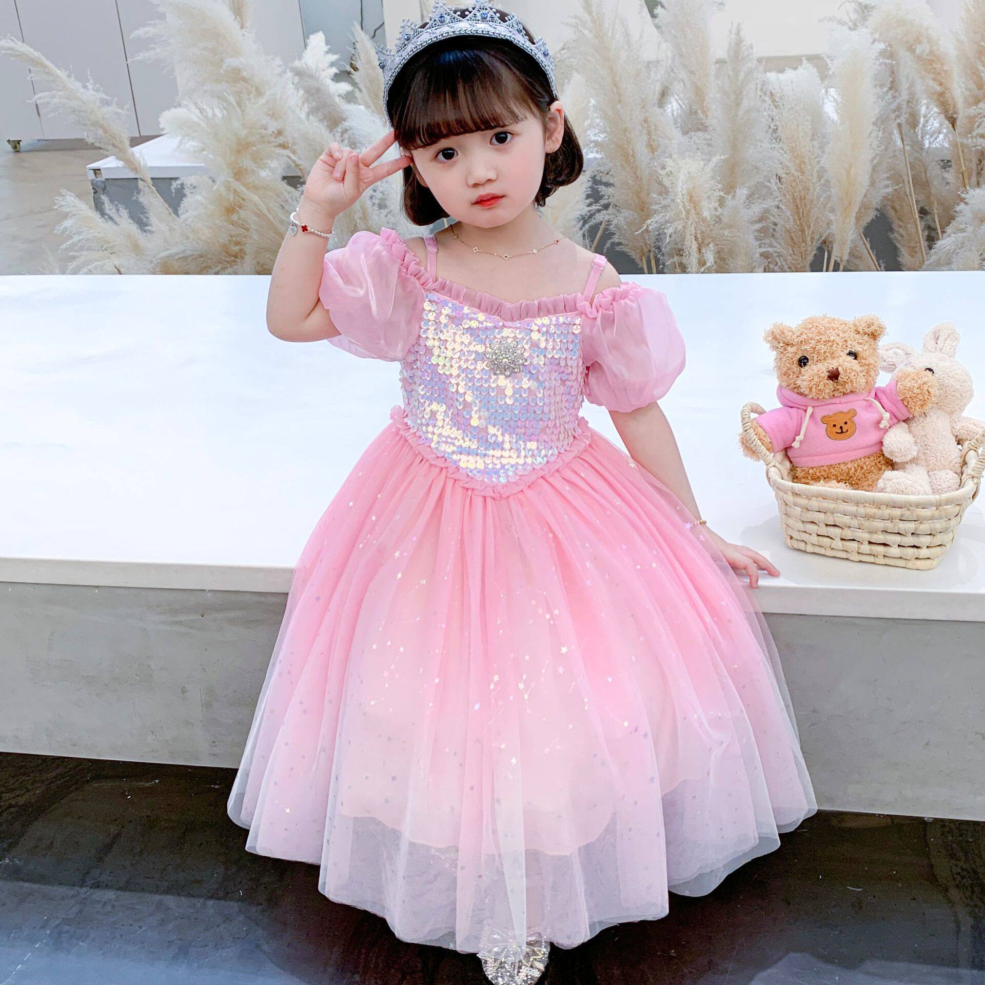 夏季女童睡美人爱洛公主裙短袖披风粉色礼服花童走秀主持人表演服