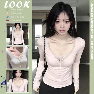 韩系蕾丝花边v领绑带长袖t恤女早春新款修身纯欲打底衫内搭上衣