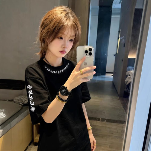 美式潮牌梵文短袖T恤女夏季宽松大码胖MM设计感小众纯棉半袖上衣