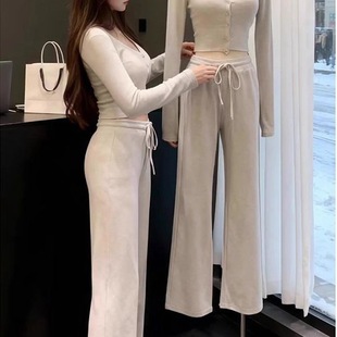 厂家一件代发秋冬莫代尔260克甜辣气质长袖 两件套 t恤女上衣阔腿裤