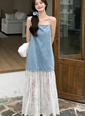 时尚设计感气质甜辣仿牛仔吊带裙女款春丝拼接连衣裙甜美减龄长裙