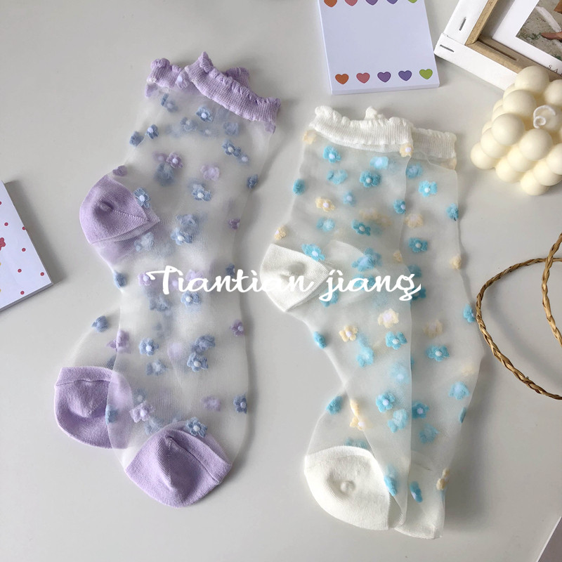 女袜清新蕾丝小花朵玻璃丝女袜春夏薄款中筒袜少女可爱水晶短袜,女士内衣/男士内衣/家居服,短袜,淘宝优惠券,粉丝福利购,淘宝优惠卷