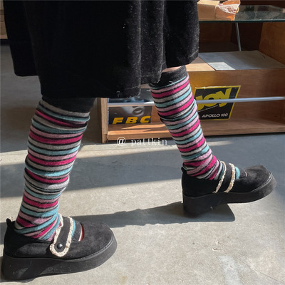 长筒袜过大腿条纹袜套复古