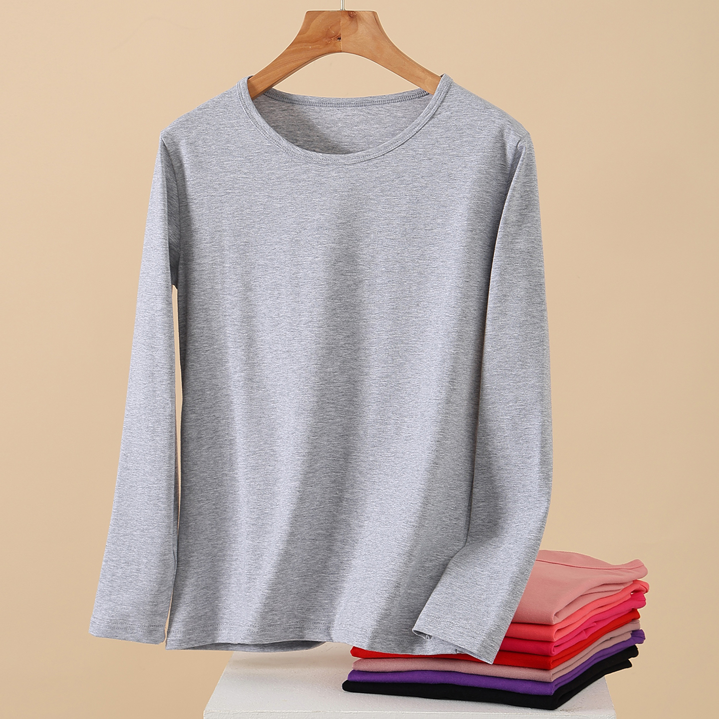 加肥加大码纯棉秋衣圆领上衣薄款保暖内衣内穿打底衫长袖T恤女