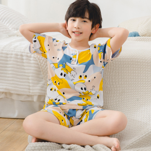 薄款 儿童短袖 夏季 棉绸睡衣套装 空调服中大童女童男宝宝家居服 短裤