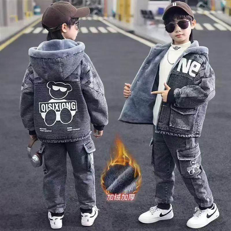 加绒套装冬季新款男孩牛仔中大童